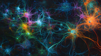 Abstract Neural Network with Vibrant Glowing Connections, Futuristic Digital Visualization of Synapses and Energy Flow