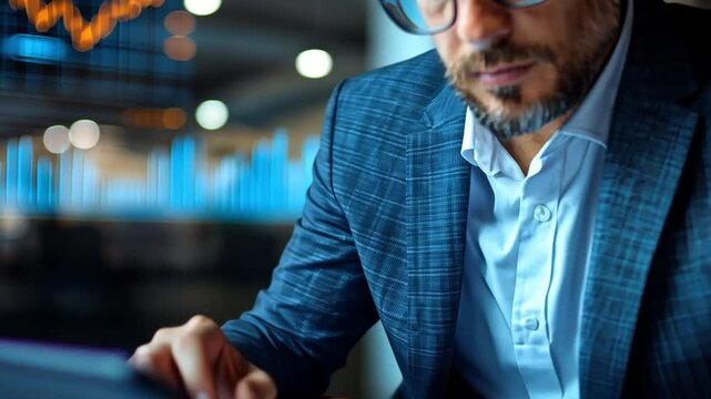   Business Analyst's Close-up: A focused business analyst, deep in concentration, analyzes financial charts. This image captures the essence of data-driven decision-making, expertise.