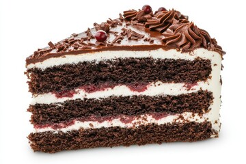 Delicious Chocolate Cake Slice with Cream and Cherry Decorations