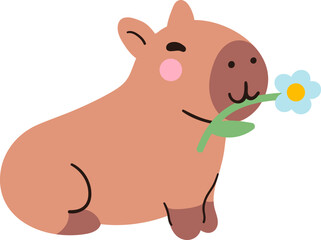 Cute kawaii capybara chewing a flower, isolated on white background. Funny sticker for the decoration of a card, poster, banner, diary. Vector illustration, simple flat design