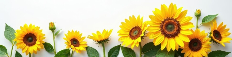 Obraz premium Vibrant yellow sunflowers, rustic white backdrop , rustic, joyful