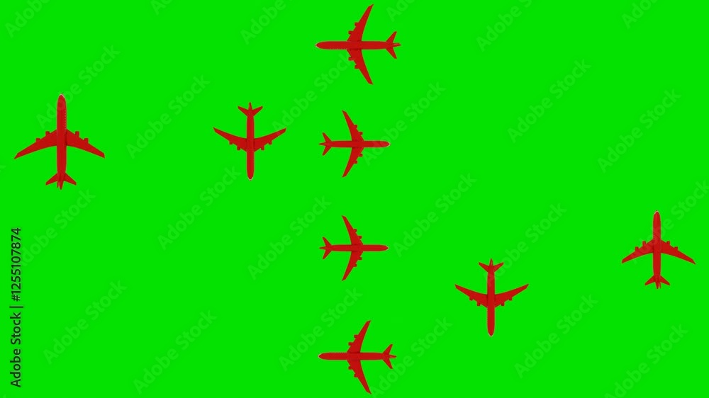 Poster 3d models of red passenger planes flying in a circle on a green background. 3d render looped animati