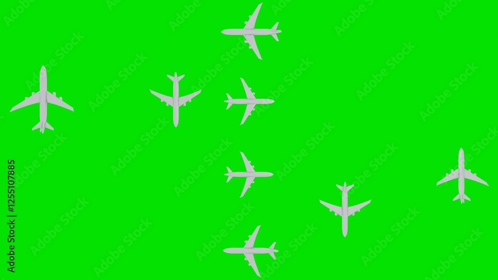 Poster 3d models of flying passenger planes of gray color flying in a circle on a green background. 3d rend