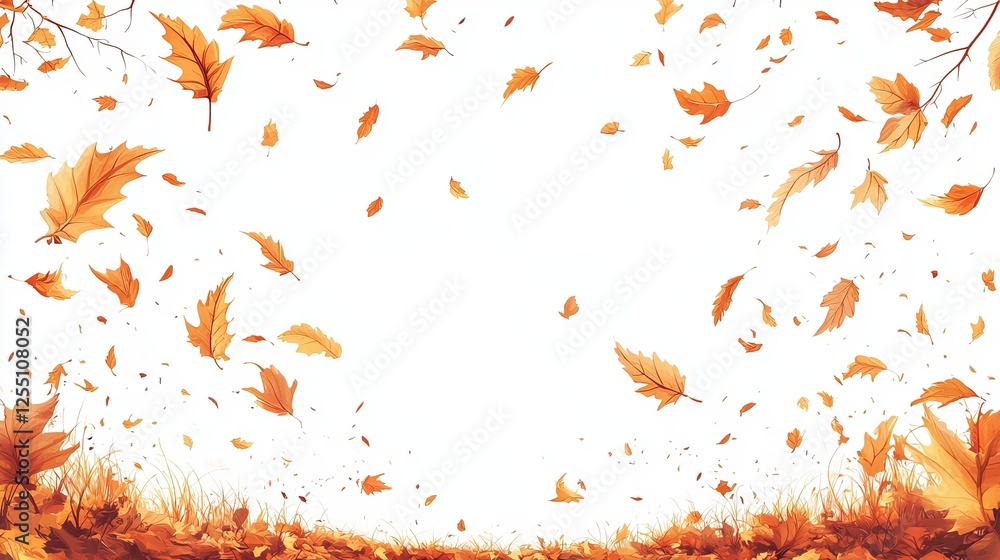 Poster a serene display of autumn leaves gently falling against a pure white background creating a tranquil