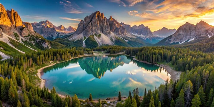Aerial view of Serapis lake in the Dolomites at sunrise with surrounding mountains and trees, alpine water, mountain scenery