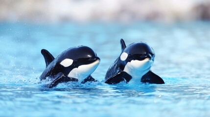 Orcas swimming playfully, ocean park background, wildlife show
