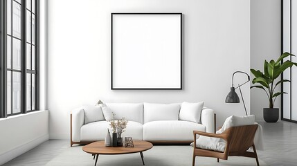 Modern living room interior mockup with blank art