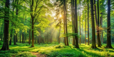 Obraz premium Tranquil forest landscape with tall trees and vibrant foliage , lush greenery
