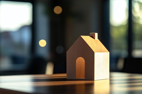 Wooden house model on table, sunlight.