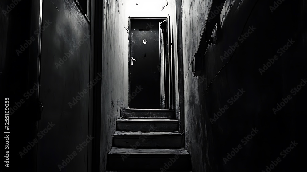 Poster dark stairwell passageway leading to a door, potentially in a building. possible use for backgrounds