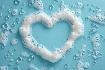 Fototapeta premium A creative heart frame formed from detergent foam bubbles floating over a blue basin background.