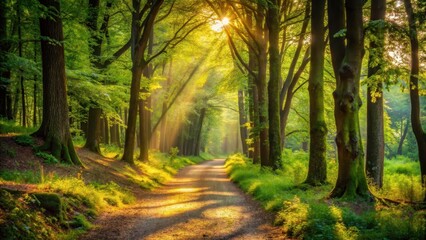 Obraz premium Forest Path in Warm Light, dappled shade, forest ambiance, dappled shade