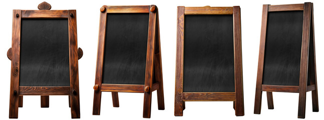 Set of empty blackboards with wooden frame and easel isolated on white or transparent background with copy space, png. Collection and variation. Perfect for cafes, restaurants, or shops. Generative Ai