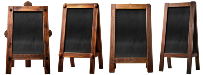 Set of empty blackboards with wooden frame and easel isolated on white or transparent background with copy space, png. Collection and variation. Perfect for cafes, restaurants, or shops. Generative Ai