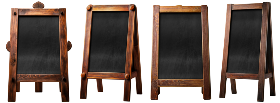 Set of empty blackboards with wooden frame and easel isolated on white or transparent background with copy space, png. Collection and variation. Perfect for cafes, restaurants, or shops. Generative Ai