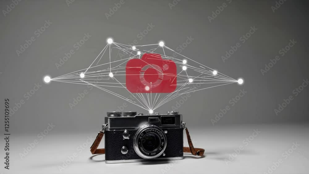 Poster vintage camera resting on a white surface, surrounded by interconnected nodes and a digital camera i