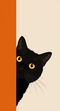 Black cat with yellow eyes peeking around an orange corner