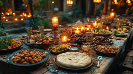 An elaborate feast spread across a rustic wooden table in an indoor courtyard setting, adorned with candles and various dishes of food, reflecting a rich cultural cuisine.