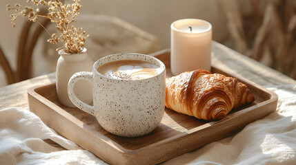 Cozy morning: Coffee, croissant, candle & flowers on a tray, bathed in warm sunlight, perfect for a relaxing breakfast.