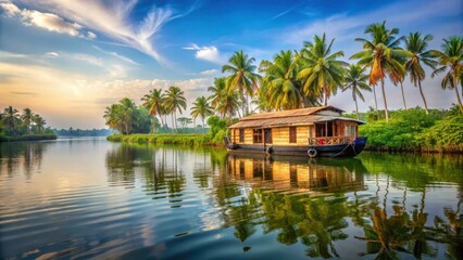 serene backwaters of alappuzha with houseboat, rural setting, water body