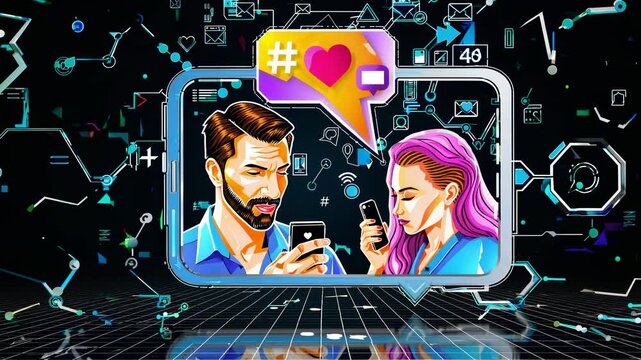 Man and woman using smartphones within a large smartphone frame, exchanging messages and likes amidst digital icons, illustrating online communication and virtual relationships