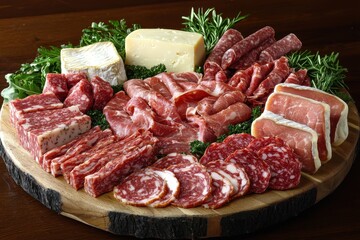 Fototapeta premium Cured Meats and Cheeses Displayed on Wooden Board