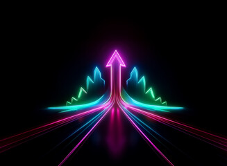 Neon arrow pointing upwards with vibrant trails of pink, blue, and green on a black background.  Illuminated path leading upwards and forward.