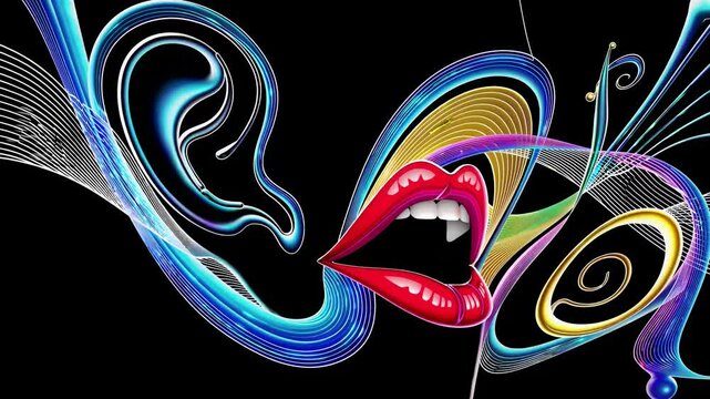 Colorful swirling and neon-glowing lines connect an ear and open, speaking lips on a black background, representing communication, gossip, or rumors