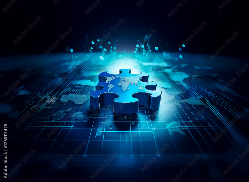 Poster a blue puzzle piece featuring a world map glows brightly on a digital grid. abstract lines and dots 