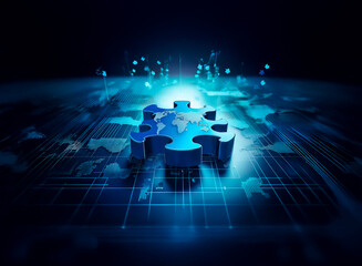 A blue puzzle piece featuring a world map glows brightly on a digital grid. Abstract lines and dots create a futuristic, technological backdrop, suggesting global connections and solutions.
