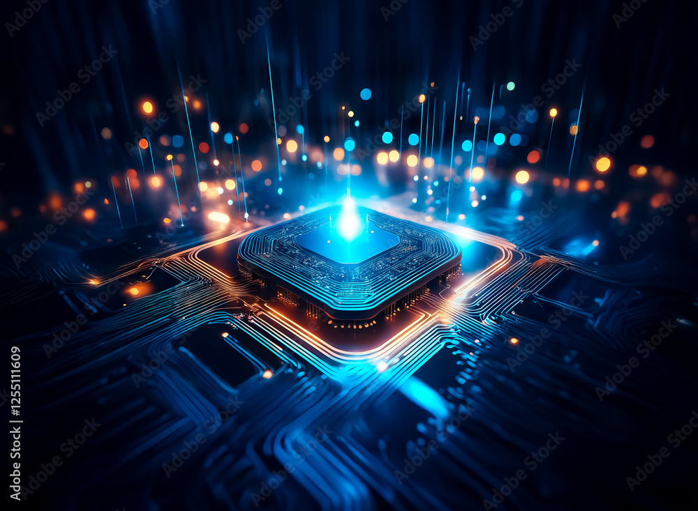 Poster futuristic microchip with glowing lights and intricate circuit patterns. represents advanced digital