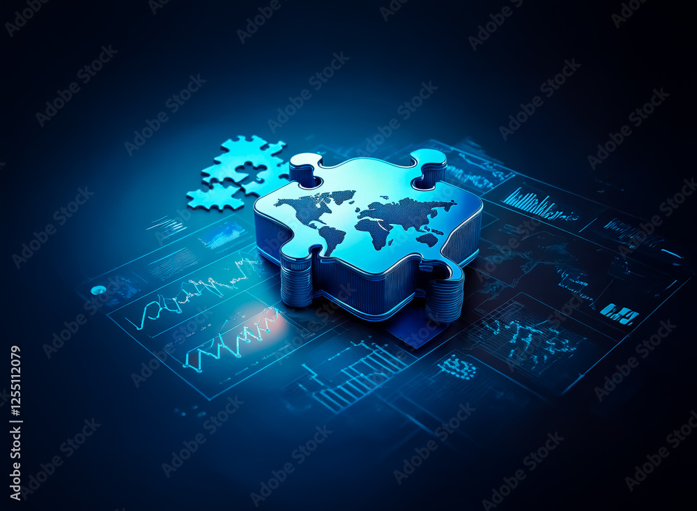 Poster a 3d puzzle piece shaped like a world map with gears rests on a digital blueprint backdrop in blue t