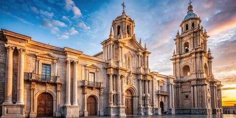 Obraz premium Ornate stone carvings and intricate details of the Cathedral of Arequipa's facade at sunrise, cathedral architecture, ornate details