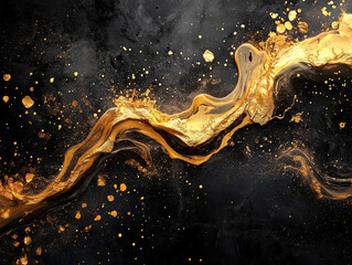 On a black background a gold glittery wave with splatters and blotches. Abstract background. Generative Ai