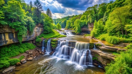 Panoramic landscape of Cuyahoga Valley National Park's waterfalls and lush greenery with a serene river flowing through it , national park, scenic view