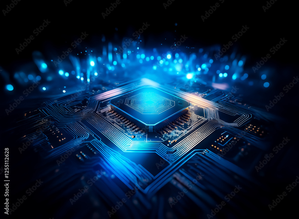 Poster close-up on a glowing computer chip with blue lights emanating from its core. intricate circuits are