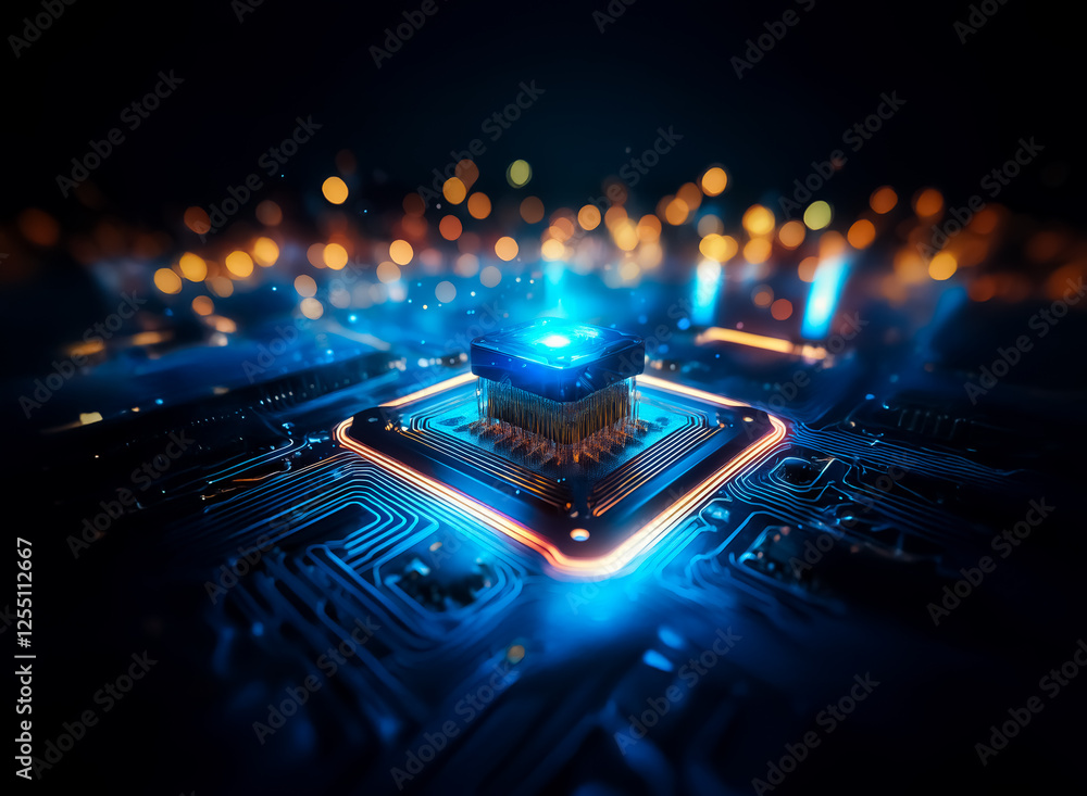 Poster futuristic technology concept featuring a glowing central processing unit on a circuit board with vi