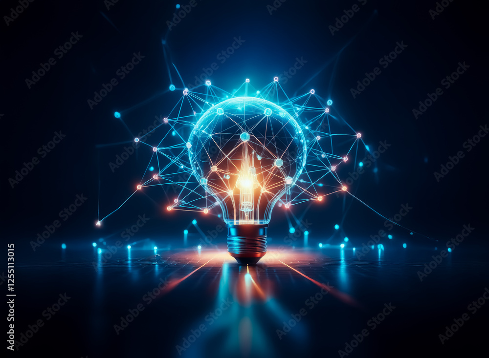 Aufkleber a glowing lightbulb is encircled by a vibrant network of interconnected nodes and lines, radiating b