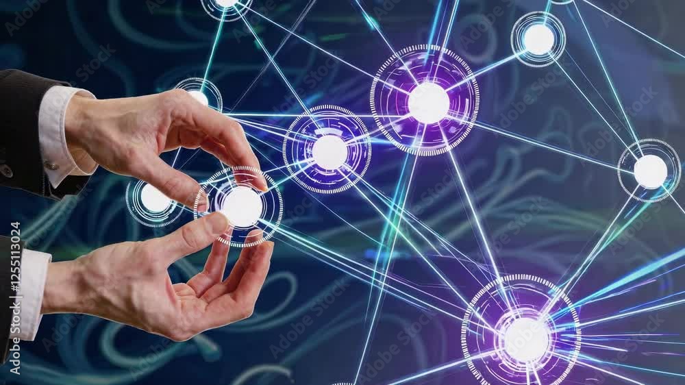 Poster businessman manipulating glowing digital nodes while establishing connections in a complex network o