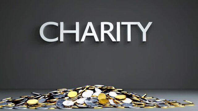 Gold and silver coins cascading down, creating a significant pile, representing the spirit of charitable contributions and the essence of giving within communities