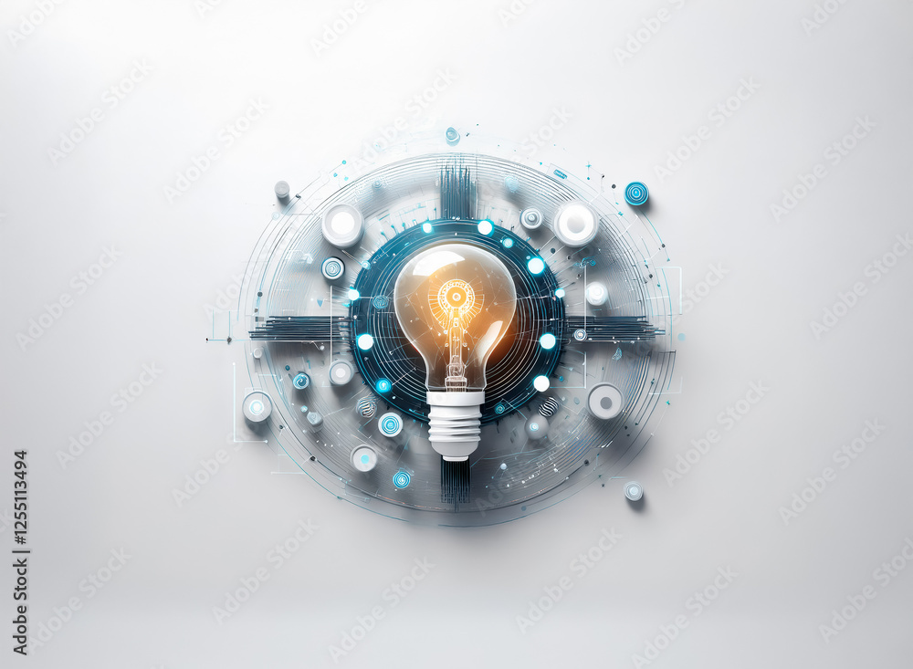 Poster a glowing lightbulb is centrally positioned against a clean white backdrop, encircled by a digital n
