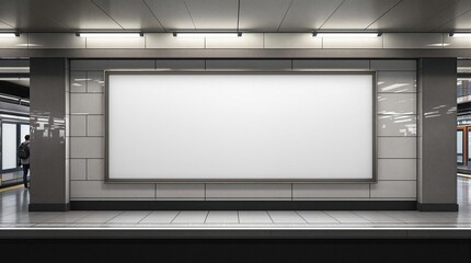 Blank billboard in modern subway station with stainless steel design and lighting