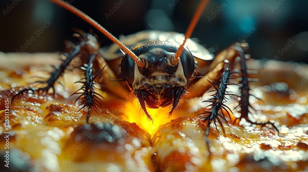 Poster a curious cockroach exploring a slice of glowing cheesy pizza