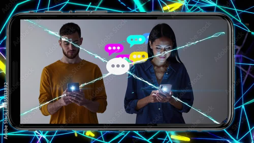 Poster two colleagues are using mobile phones to exchange messages, with a broken screen effect and colorfu