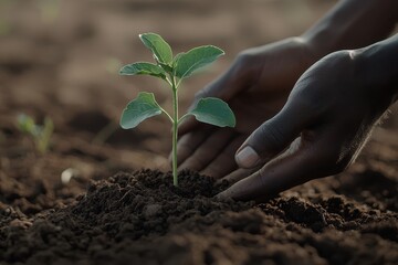 Dark Brown Hands Cradle Green Plant in Rich Soil