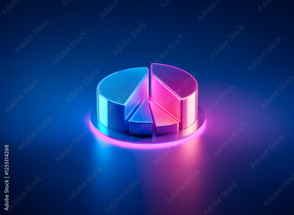 Poster isometric 3d pie chart with neon blue and pink illumination, representing data and statistics. moder