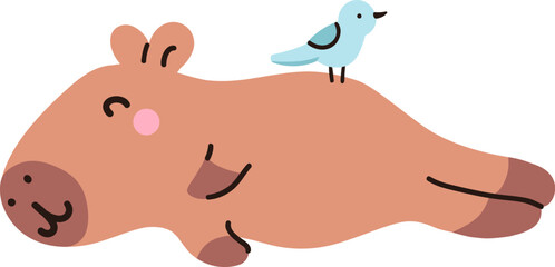 Cute kawaii sleeping capybara and a bird, isolated on white background. Funny sticker for the decoration of a card, poster, banner, diary. Vector illustration, simple flat design