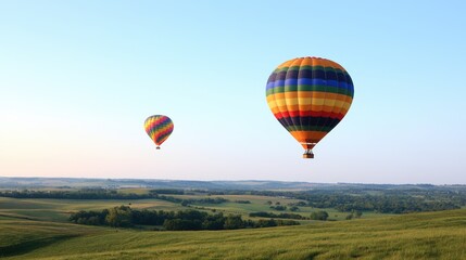 Fototapeta premium Colorful hot air balloons over a grassy landscape