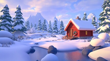 Serene winter cabin retreat scene nestled between frosted pines