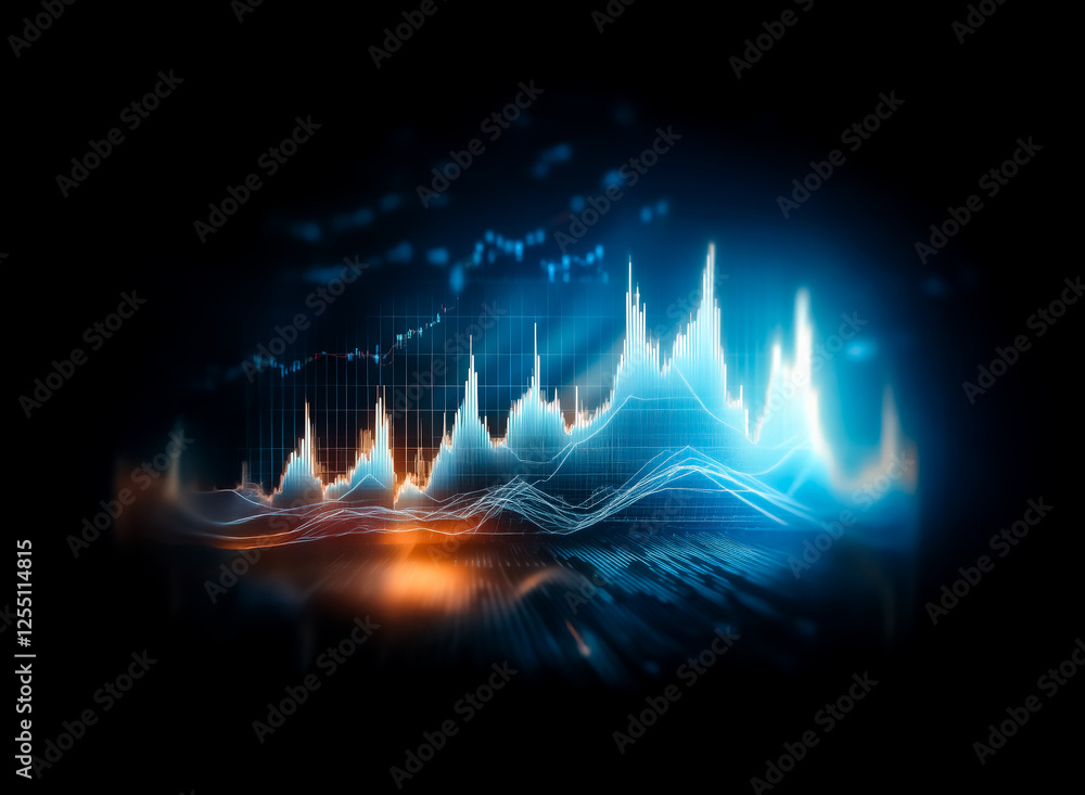 Poster dynamic blue and orange abstract waves on black. evokes data visualization or sound frequency patter